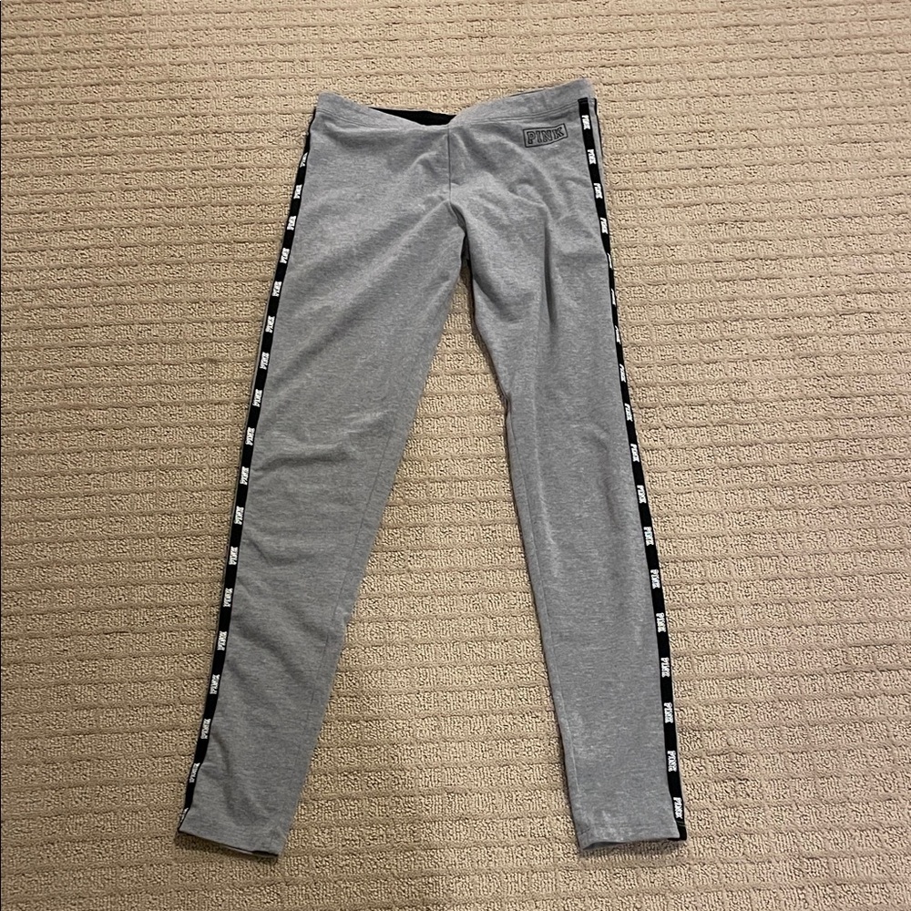 PINK Victoria's Secret Gray Leggings with Black Logo Side Tape